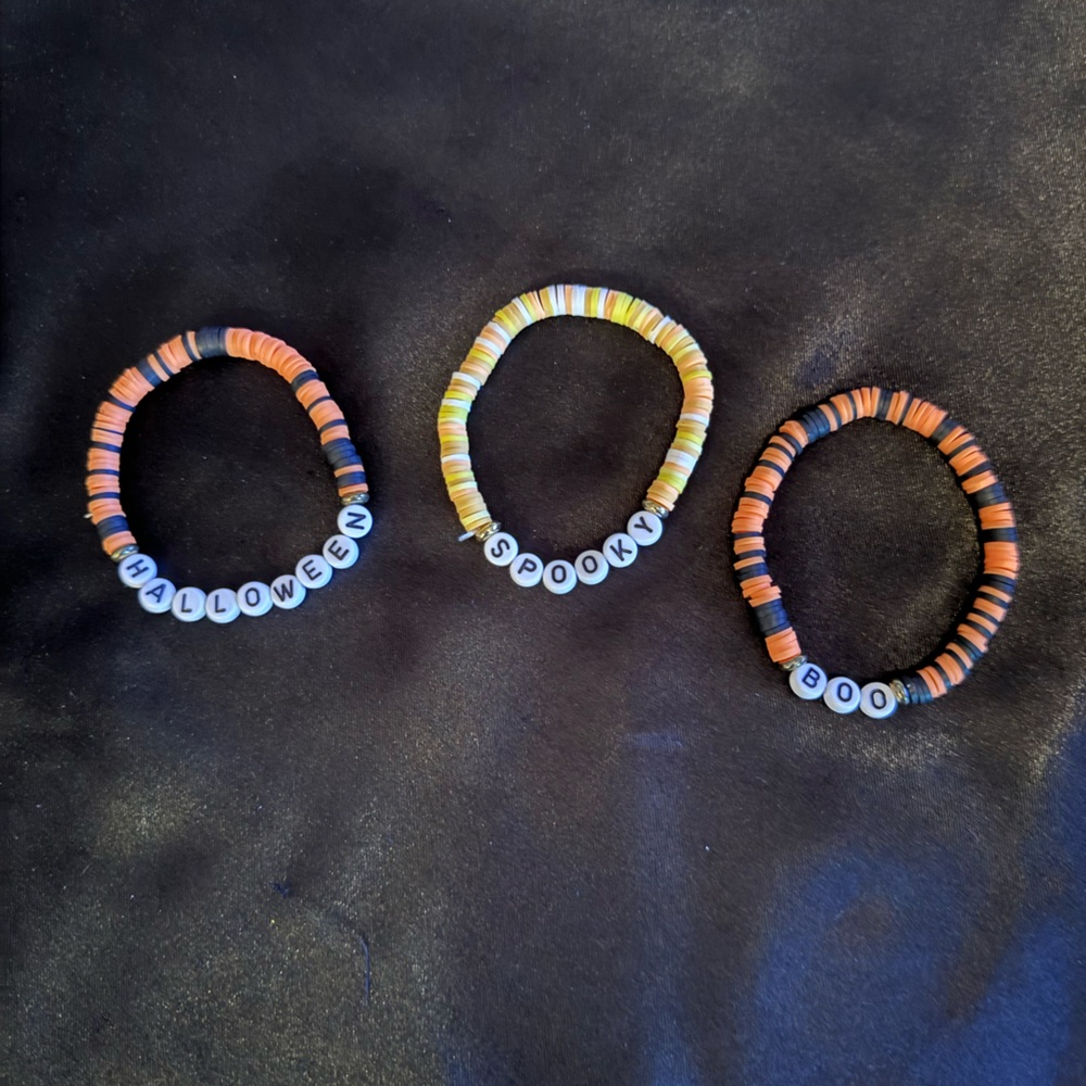 Halloween Spooky Boo Beaded Stretch Bracelets Set of 3 Orange Black Yellow